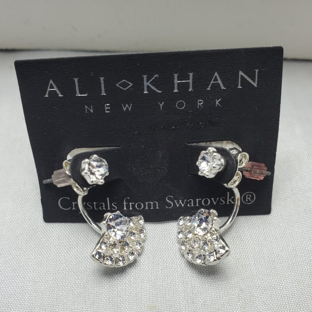 Ali Khan Swarovski majestic fan crystal jacket earring silver